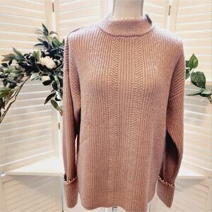 CROWN & IVY PEARL CABLE KNIT TURTLENECK CUFFED PEARL SLEEVES HEATHER CAMEL MED